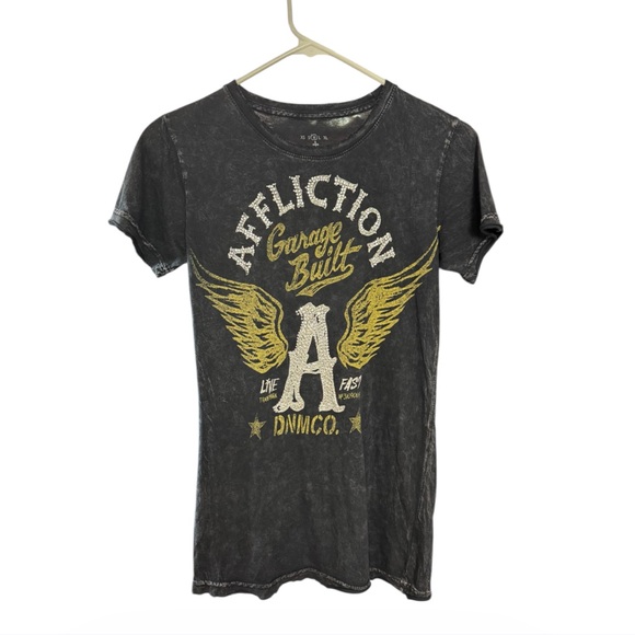 Affliction Women's Charcoal and Gold Graphic Stretchy Slim Fit - Size Medium - Picture 2 of 8